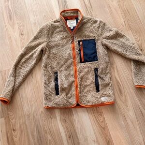 American Eagle Outfitters Tan Sherpa Jacket with Navy Lining and Orange Trim